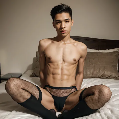 1boy, solo ,20 yo, skinny arab young man , twink,3 day beard ,normal body..arafed man in fishnets and stockings sitting on a bed, an album cover by Cosmo Alexander, featured on reddit, visual art, non binary model, an epic non - binary model, androgynous m...