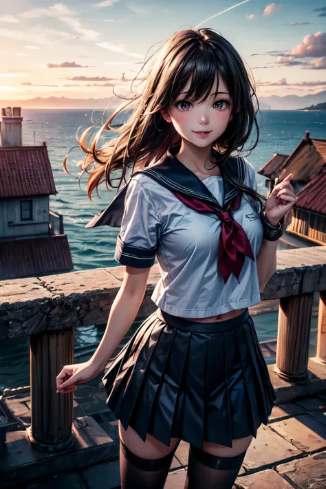 very cute and beautiful school girl viewing sea on hilltop,(highly detailed beautiful face),
(smile),cowboy shot,(sailor ,pleated navy blue mini skirt),black hair,zettai ryouiki,
(looking at sea,from top of hill),many houses with red roof,detailed landscap...