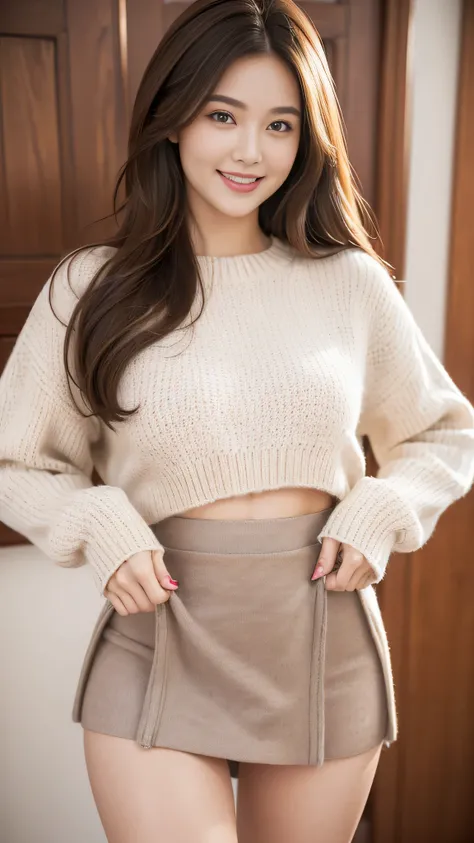 highest quality, very high resolution, (realistic:1.4), (fine reproduction:1.4), facial details, fine eyes, (brown hair), wearing a knit sweater & mini skirt, (Gently lift your skirt to reveal your panties:1.3), Chubby, spread, smile,