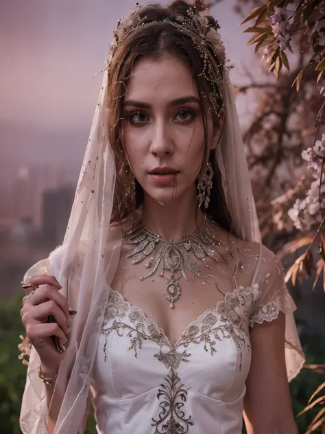 Mujer arafed con un vestido de novia con sangre en la cara., Apocalyptic wedding, hauntingly hermoso zombi, hermoso zombi, retrato vfx muy detallado, inspirado en la sociedad cg, corpse bride style, retrato vfx muy detallado of, pale woman covered in blood...