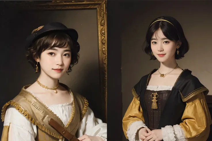 181 short hair, 20 year old female, gentle smile, (rembrandt style painting), (chest:1.2), long sleeve clothes
