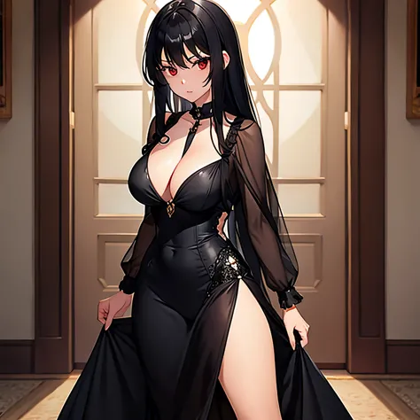 at a ball, a girl with red eyes, red-black hair and a big chest, wearing a black dress with a deep cleavage, is standing.