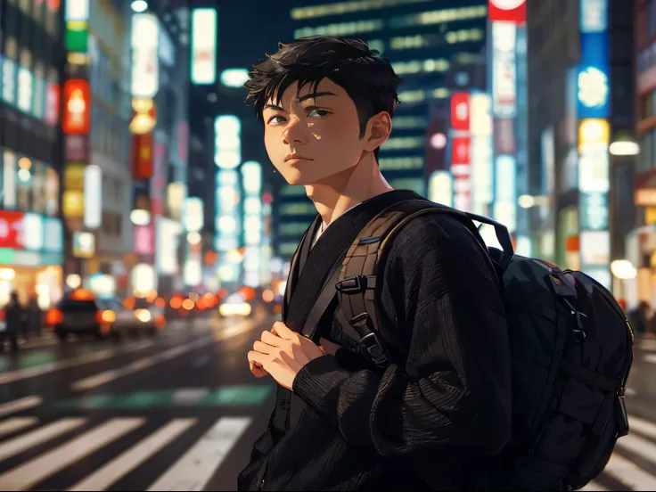 arafed asian man with backpack standing on street corner in city at night, portrait of a japanese teen, in a tokyo street, tokyo futuristic in background, a man wearing a backpack, in the streets of tokyo, asian male, tokyo inspired, standing in a city str...