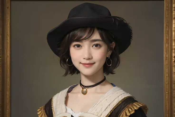 181 short hair, 20 year old female, gentle smile, (rembrandt style painting), (chest:1.2), long sleeve clothes
