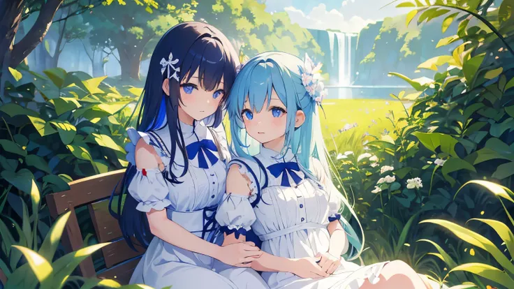 anime girl、high quality、Highest image quality、detailed face、detailed details、frilly clothes、white dress、dress、two girls are sitting back to back、blue hair、pretty girl、looking at the camera、plump chest、looking at the viewer、attractive girl、very detailed、art...