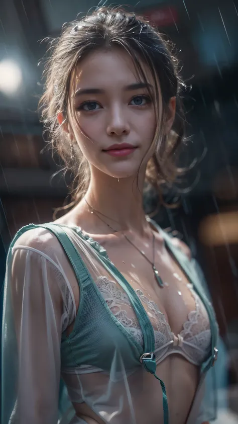 (RAW shooting, Photoreal:1.5, 8K, highest quality, masterpiece, ultra high resolution), perfect dynamic composition:1.2, street corner at night, look up at the sky:1.3, (((Typhoon heavy rain))), Highly detailed skin and facial textures:1.2, Slim office lad...