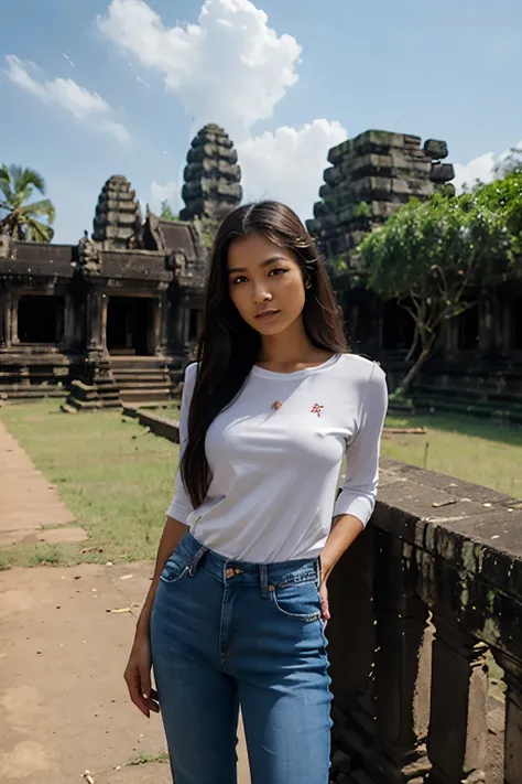 khmer Woman, look at viewer, long hair, shirt, jeans, cloud, day, sky,outdoors, post-apocalypse, ruins, scenery, tree, water,Ankor wat temple