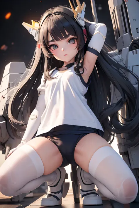 (highest quality), ((masterpiece)), (very detailed: 1.3), 3D, {(one young girl)}, (Wearing dark blue bloomers and white gym clothes、Add a colored hem to the bottom of the armor:1.3), (black hair:1.5), (Fusion with future Gundam mecha:1.3), with headgear, W...