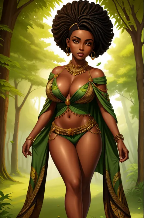 dark skinned African girl, a  portrait of a babe temptress , druid, leaf robe, perfect face, pretty face, brown eyes, Hi-top fade, very short hair, flat chest, lush detail, absurdres, clothes made of leaves, full body shot, 