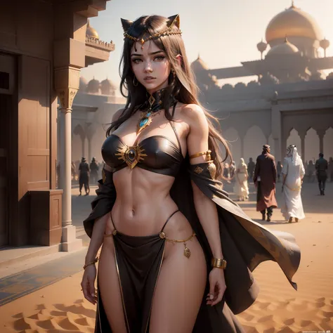 Photo of (arabian princess:1.5) Packed hall standing in the background々and衣装を着て (Cyberpunk Desert:1.3), (Exotic Royal Palace:1.5) and (sunset sky:1.2). In a complex hijab, Long vest in jewelry with gold embroidery, detailed face and eyes, (very detailed:1....