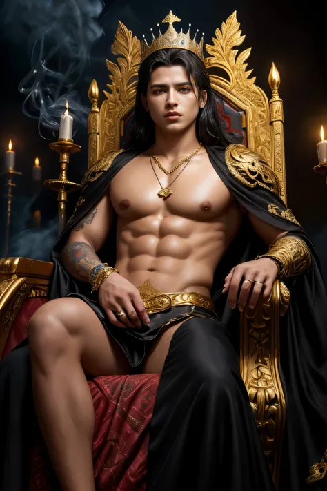 (best quality,4k,8k,highres,masterpiece:1.2),ultra-detailed,(realistic,photorealistic,photo-realistic:1.37),young man with black hair,(shaved temples:1.1),(golden eyes:1.1),sits on a detailed throne, fantasy clothing,dark atmosphere,dramatic lighting,dense...