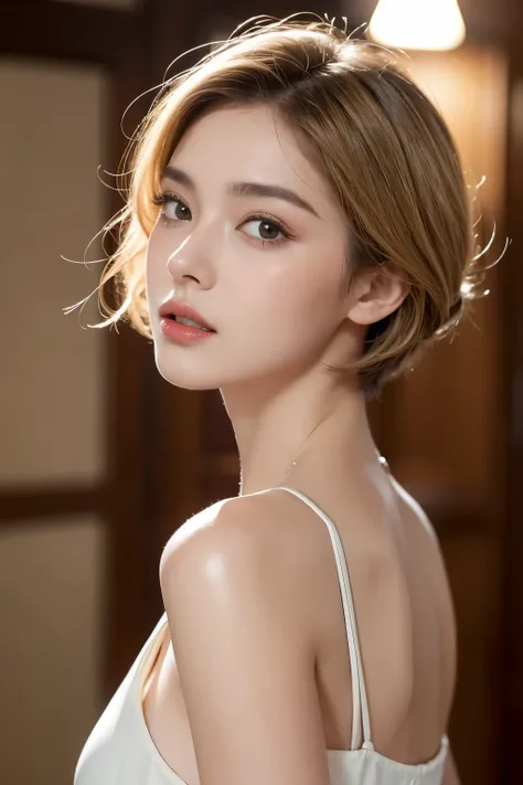 （（best quality，highest resolution，unified 8k，masterpiece：1.4））a girl，Elegant short hair with windblown hair，medium ，rosy lips，white shiny skin，Upper body