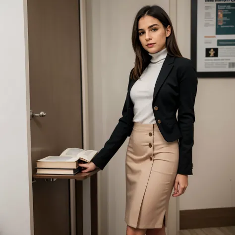 photograph of a woman an elegant woman dressed in a solid color blazer, a button-down blouse or a turtleneck blouse, paired with a tailored pencil skirt. Ela poderia estar segurando alguns livros ou uma pasta, suggesting its connection with the area of edu...