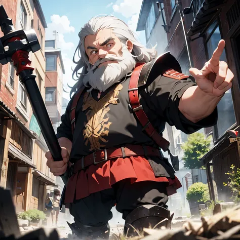 dwarf with black and red armor, holding a dark and a giant hammer, with white hair and beard, without helmet