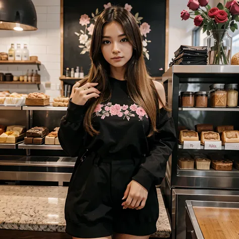 Women in perfect body, long short hair , texture of hair thick, color of hair blonde and black but more black, wearing a cute black fully clothed outfit in a hot pink themed cafe with floral roses all around Alluring