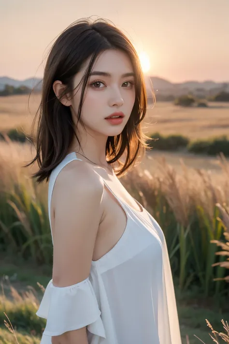 （（best quality，highest resolution，unified 8k，masterpiece：1.4））panoramic，original photo，real，a girl，Short flowing hair，（random clothes），Hair scattered by the wind，medium ，rosy lips，white shiny skin，Upper body，blurred background，grassland，dusk，halo