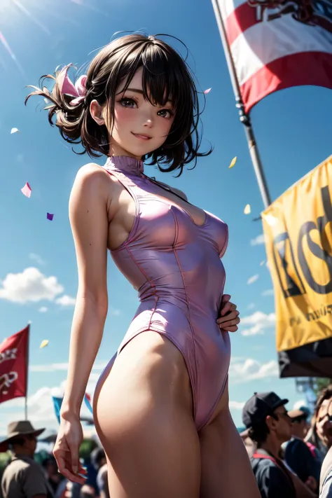 very cute and beautiful girl,(highly detailed beautiful face),(pink leotard:1.2),(sleeveless),(smile:1.2),happy,
festival in town street,(parade:1.2),(many people wearing pastel costume),flags,confetti in sky,outdoors,depth of field,
cowboy shot,standing,s...