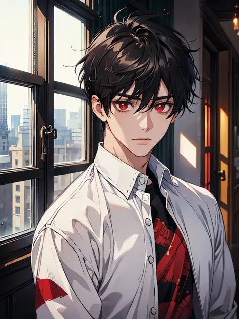 (Masterpiece), (best quality), very detailed, ((1 male)), solo, very detailed, Solo, male, short hair, black hair and red eyes in front of the window, white highlights on black hair, casual clothes, handsome, Yandere, With eyes that shine red, [evil smile]