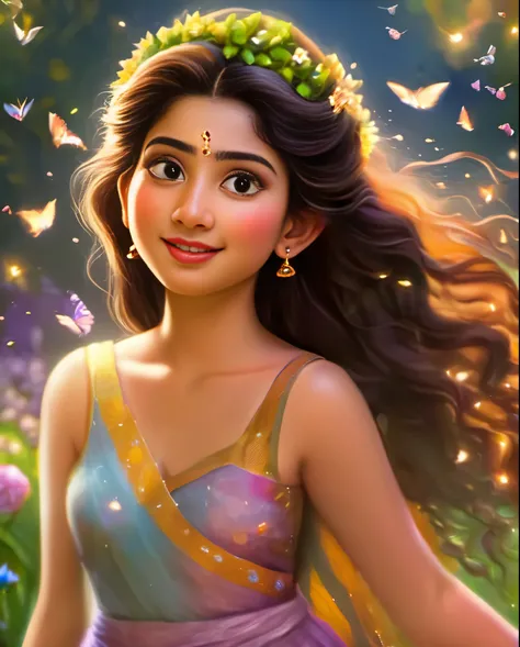 Looks like Sai Pallavi, 1girl, solo, full body, (masterpiece:1.21), (best quality:1.2), colorful, (illustration:1.2), (cinematic lighting:1.1), (bare shoulders:1.21), (collarbone:1.21)
In this whimsical and fantastical garden, the scene is illuminated by a...
