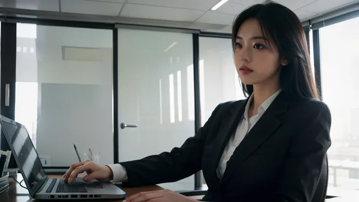 1 girl,sitting at office desk,business suit,soft light