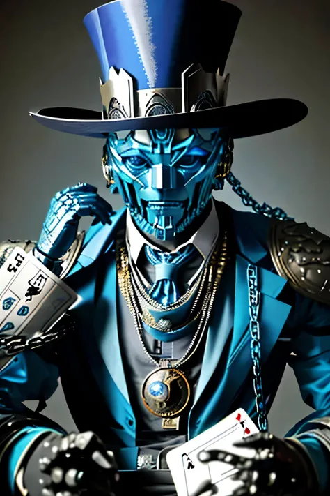 A robot dressed as a blue magician　wearing a top hat　use playing cards　He wears a chain necklace with an eagle symbol around his neck..