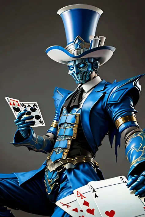 A robot dressed as a blue magician　wearing a top hat　use playing cards