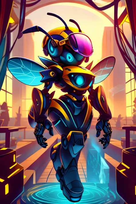 a robot bee with circle sunglasses