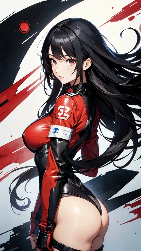 highest quality、long black hair、Beautiful woman、２５age、model、black eyes、red pilot suit、gundam、Aina、breast enhancement、anime touch、hand drawn、watercolor painting