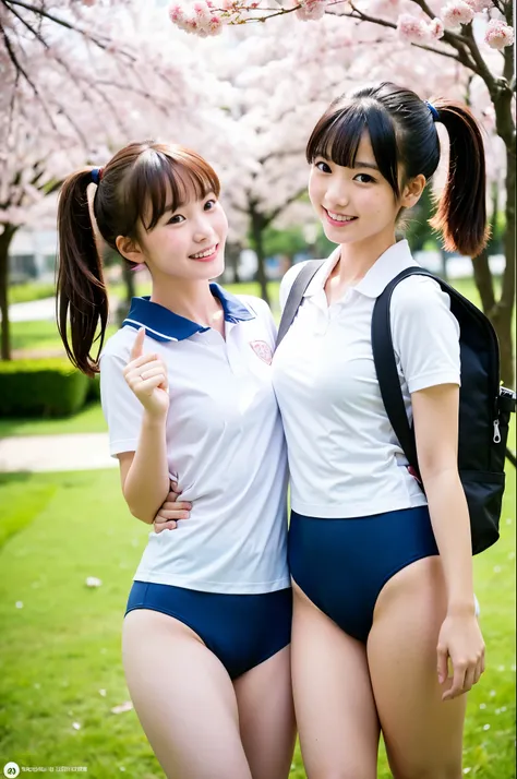 2 girls walking in school yard filled with cherry blossoms,white gym shirt over blue school swimsuit,school bag,18-year-old,bangs,a little smile,thighs,knees,low ponytails with barrette,from below,front light