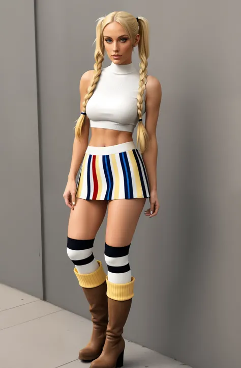 blonde woman, pigtails, midriff, short skirt, tight top, striped socks, heavy boots.  colourful