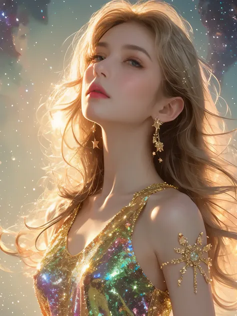 psychedelic style 1girl,one,wide shot,(wide dress made of galaxy and stars:1.3),bare shoulders,without straps,jewelry,earrings,b...