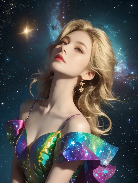 psychedelic style 1girl,one,wide shot,(wide dress made of galaxy and stars:1.3),bare shoulders,without straps,jewelry,earrings,b...