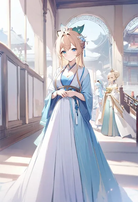 Kazama Iroha/(Holo live/),One of them was wearing a blue and white dress、woman with flowers in hair, hanfu, palace, girl wearing hanfu, blue hanfu, white hanfu, Wearing ancient Chinese costumes, ((Beautiful fantasy queen)), ancient chinese princess, Chines...