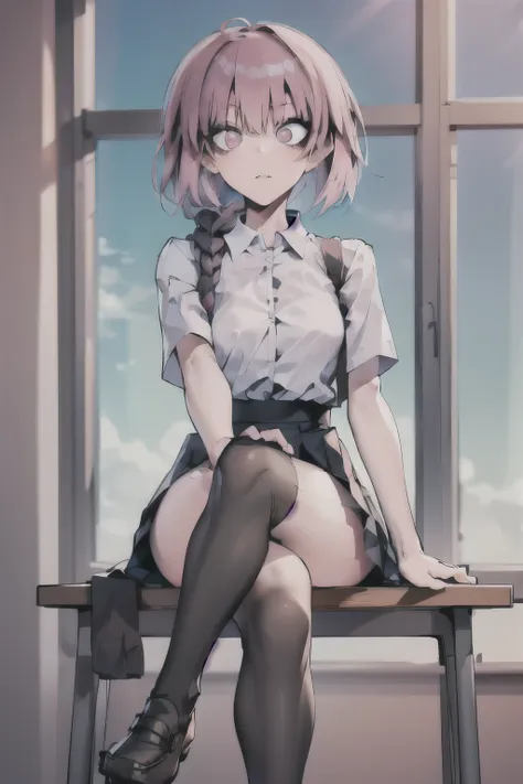 (masterpiece:1.2, best quality), 1 lady,cute action， black over-the-knee socks，alone, , classroom, sky, sit, pink short hair, si...