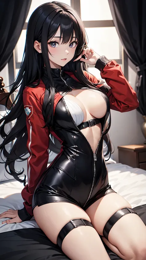 highest quality、long black hair、Beautiful woman、２５age、model、black eyes、red pilot suit、gundam、Aina、breast enhancement、anime touch、hand drawn、watercolor painting
