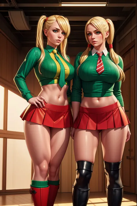 blonde woman,pigtails,midriff,short skirt,tight top,tie,striped socks,heavy boots,(red and green),panties,2girls,lesbian,(best quality,8k,ultra-detailed,realistic:1.37),HDR,UHD,studio lighting,(photography),vivid colors,sharp focus,landscape,dynamic lighti...