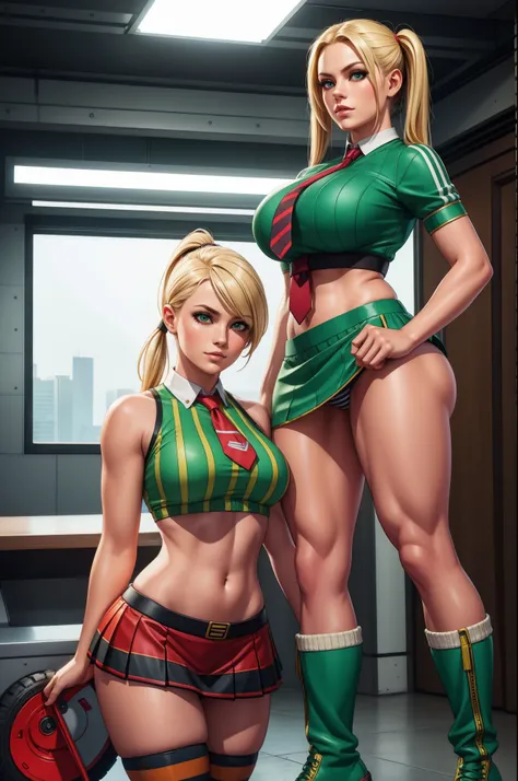 blonde woman,pigtails,midriff,short skirt,tight top,tie,striped socks,heavy boots,(red and green),panties,2girls,lesbian,(best quality,8k,ultra-detailed,realistic:1.37),HDR,UHD,studio lighting,(photography),vivid colors,sharp focus,landscape,dynamic lighti...