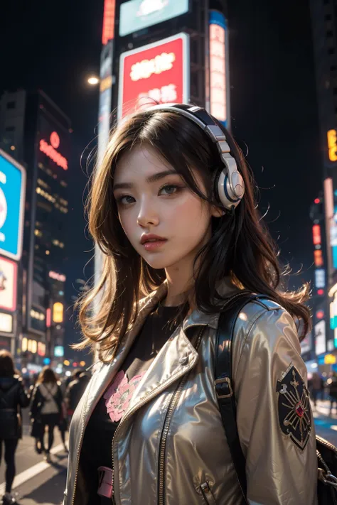 ((best quality)), ((Masterpiece)), (details), perfect face masterpiece, highest quality, Cyberpunk girls, Pop costumes inspired by Harajuku, Bold colors and patterns, Wearing headphones,eye-catching accessories, Trendy and innovative hairstyles, bright mak...