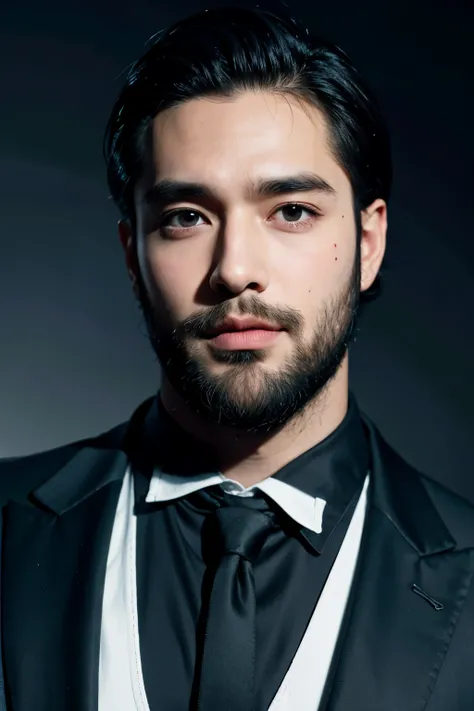 1boy,handsome male,face,beard, black suit white background,