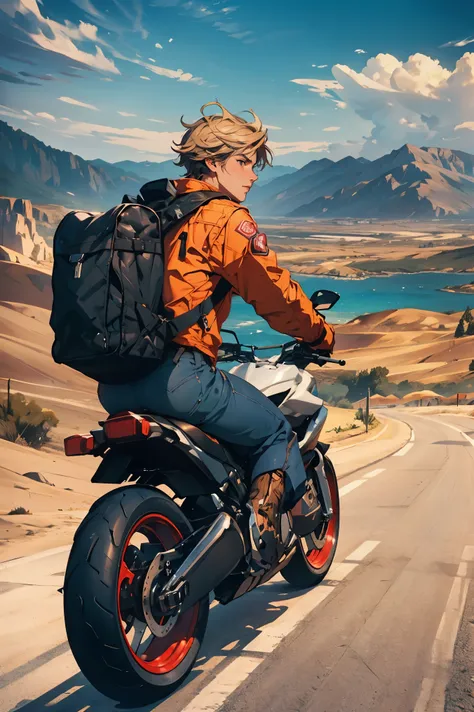 (a boy on a motorcycle on top of a mountain with great views of a desert, 2000s motorcycle, with a backpack on his back and wearing work clothes), (best quality, 4k, highres, masterpiece:1.2), ultra-detailed, realistic:1.37, HDR, studio lighting, extreme d...