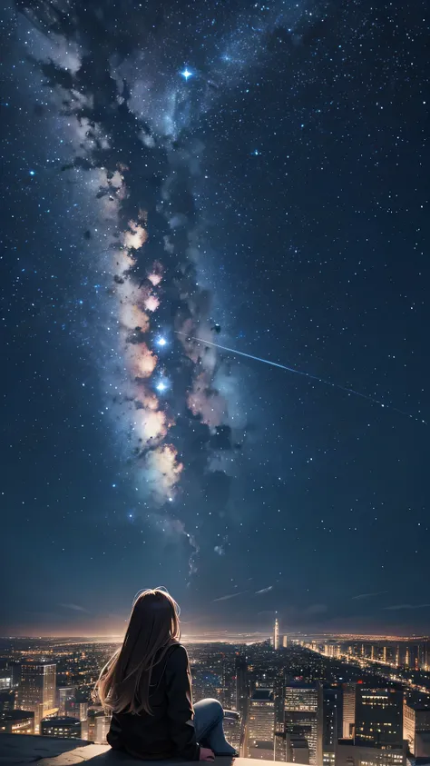 Octane number, Sky, Star (Sky), landscape, Starry Sky, night, 1 girl, night Sky, alone, outdoor, architecture, cloud, Milky Way, sitting, Tree, long hair, City, contour, Cityscape  