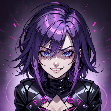 Hazbin Hotel style. portrait. Girl with short pink hair and blue eyes. She is wearing a black leather jacket, purple closed top and black leather pants. There&#39;s a predatory, sly, creepy smile on her face.. She is a cruel and bloody killer. Background w...