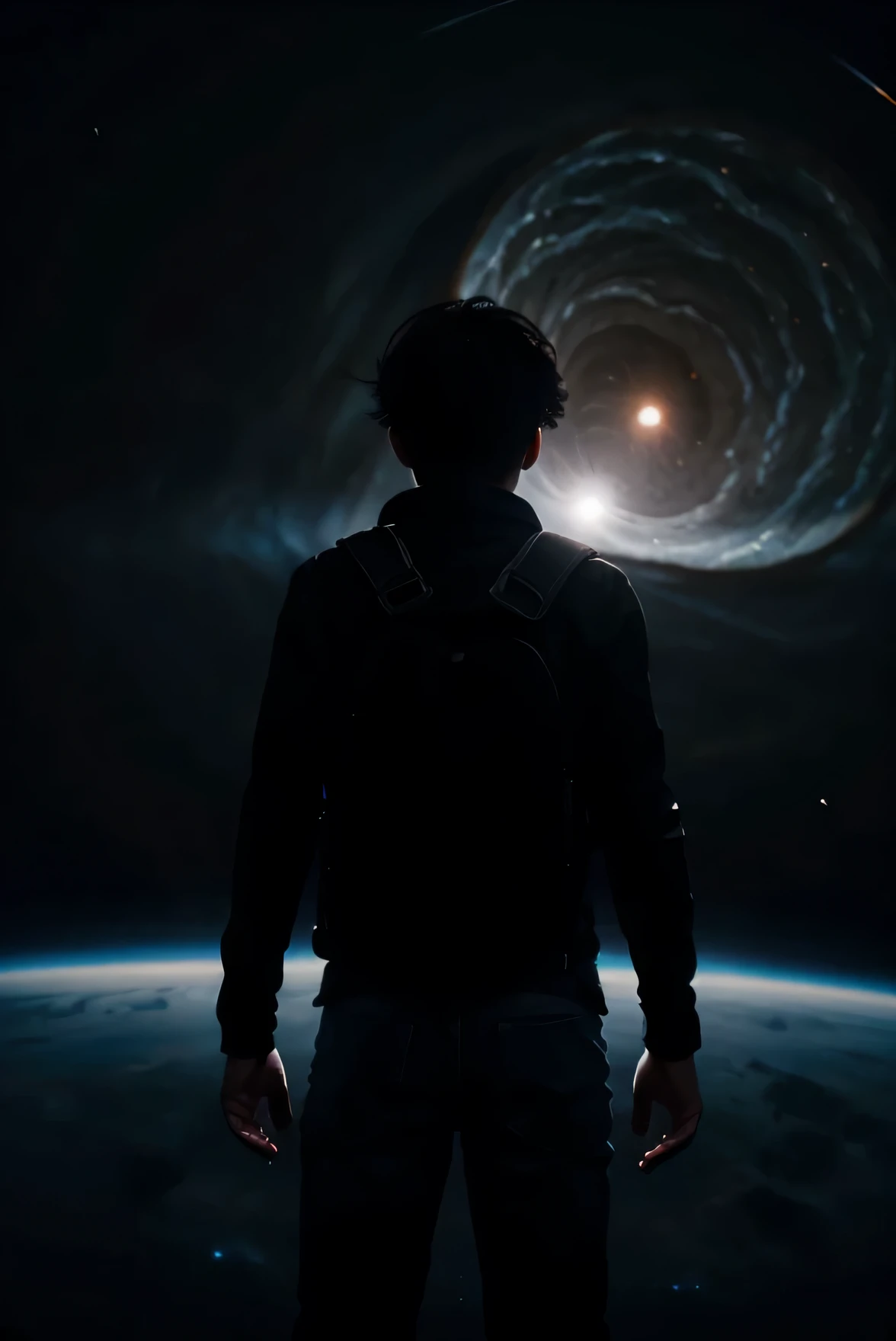  teenager boy facing black hole like he is flying whereas pic is taken from his back and the pic is taken from distant boy is in the space in middle and in front of him there is a round bent of light and rest is black