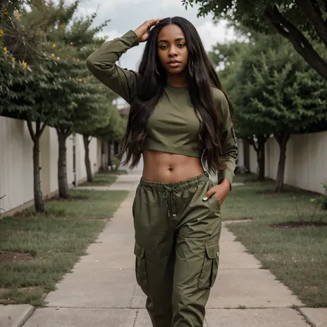 African American with long hair and beautiful skin model DRESSED IN ARMY GREEN TWO PIECE CASUAL WEAR 