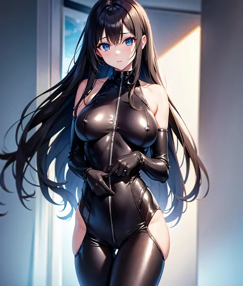 NSFW.((alone)).(woman).(((masterpiece))).((High resolution)).((4k)).((8K)).((leather suit costume)).((See through(1.5).)).(stand)(from the front).straight hair.(Medium breath).shine.slender body.detailed and beautiful eyes.Big eyes.looking at the viewer