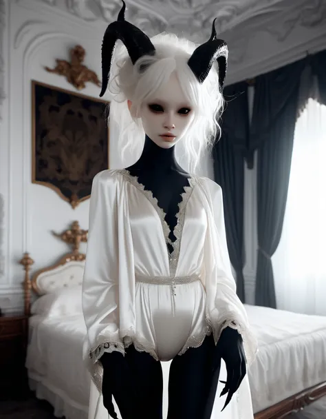 pale skin demon girl, wearing white blouse and black high cut panties, in  bedroom with evil seductive vibe , ( black gradient a...