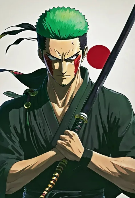 Por favor, could you create an image of Roronoa Zoro from One Piece with the red eye and holding his sword over his shoulder? I would like to use it as a profile photo on Instagram. Thank you!"