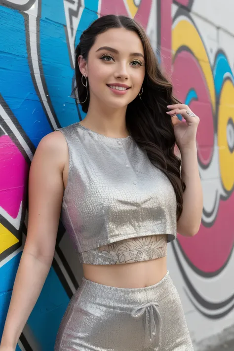 gorgeous sweet austrian girl, smiling, (crop top), steel gray hair, loose hair, braided., comic print shirt, oversized jogging t...