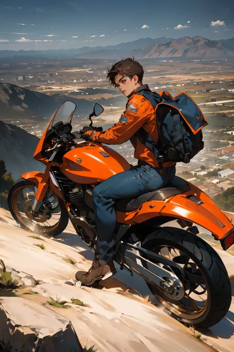 (a boy on a motorcycle on top of a mountain with great views of a desert, 2000s motorcycle, with a backpack on his back and wearing work clothes), (best quality, 4k, highres, masterpiece:1.2), ultra-detailed, realistic:1.37, HDR, studio lighting, extreme d...