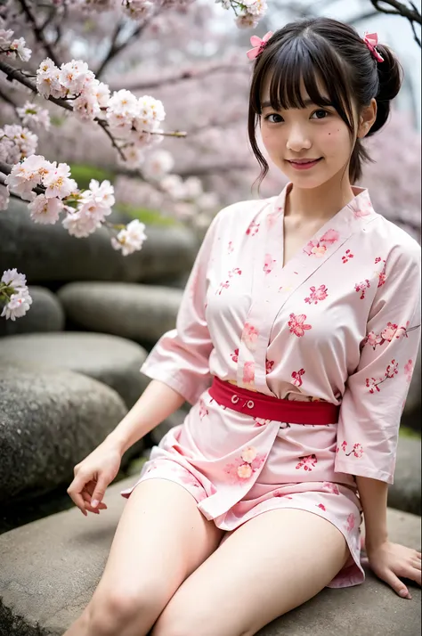 girls in hot spring under cherry blossoms,floral long-sleeved yukata,no panties and hands on crotch ,18-year-old,bangs,a little smile,thighs,knees,low ponytails with barrette with red bow,from below,front-light